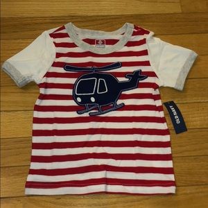 Red and white tee with helicopter detail